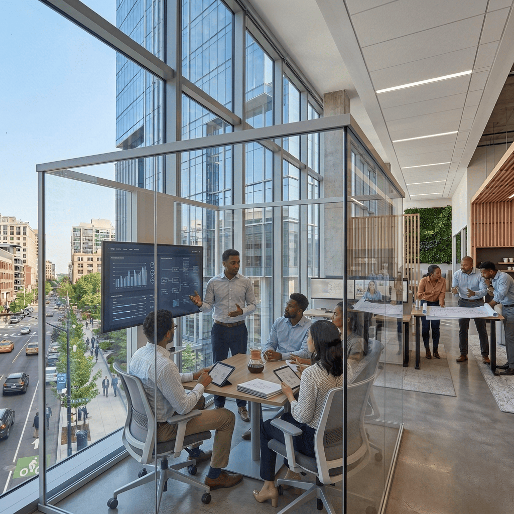 Tall glass office building named Ascent Towers with pedestrians, cyclist, and a city bus nearby