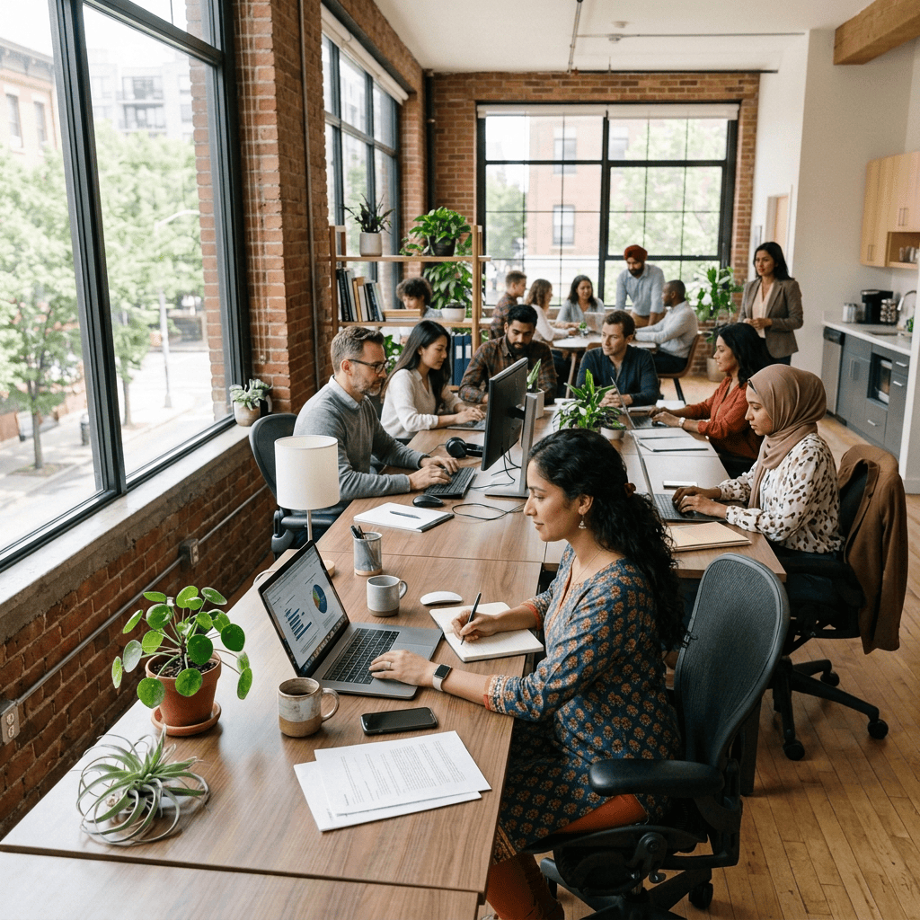 Diverse group working at desks in bright open-plan office